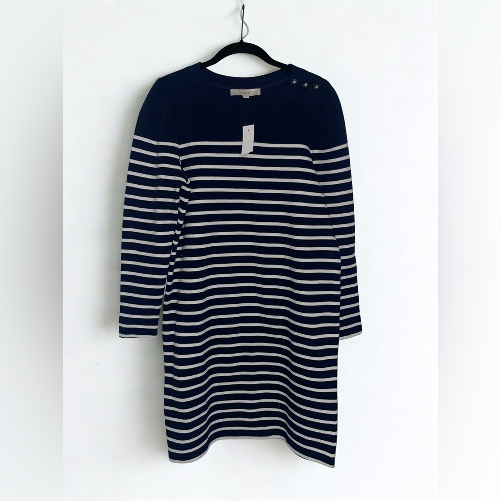 LOFT Navy and Cream Striped Long Sleeve Dress